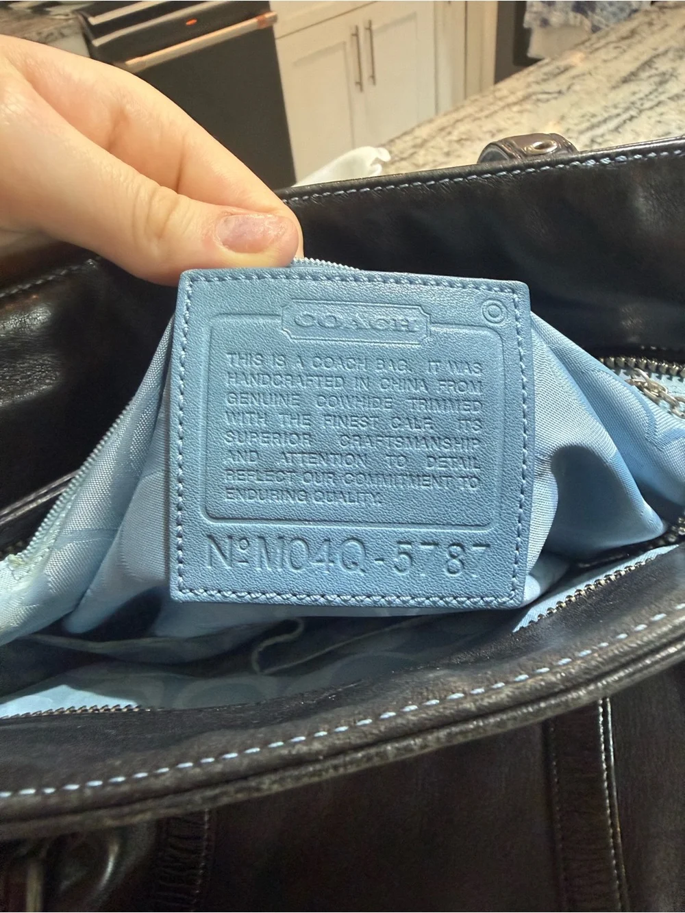 Coach Black Leather Tote with Light Blue Straps